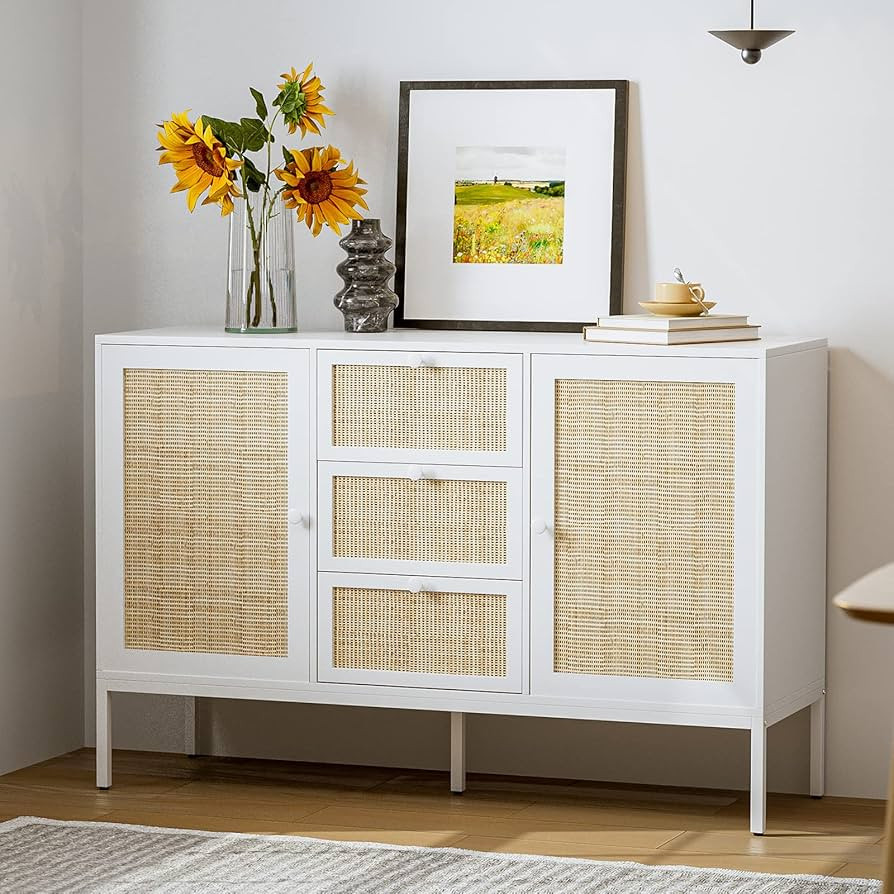 IKIFLY Rattan Storage Cabinet, Boho Sideboard Buffet Cabinet with 3 Drawers and 2 Doors, Accent C... | Amazon (US)