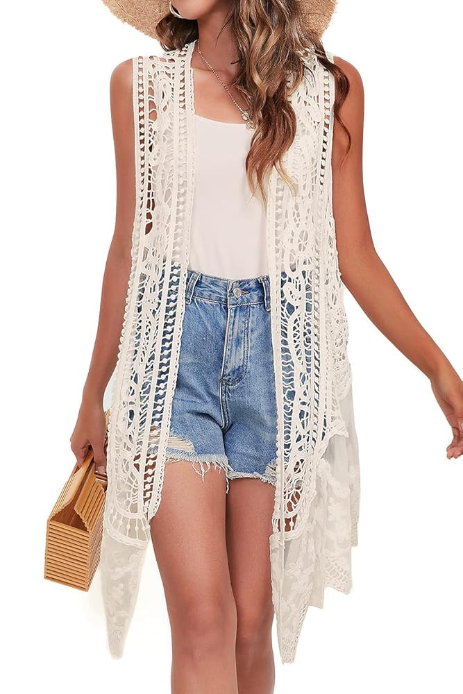 Lace Front Open Sleeveless Top Cardigan Crochet Vest Bikini Cover up Summer Beachwear | Amazon (US)