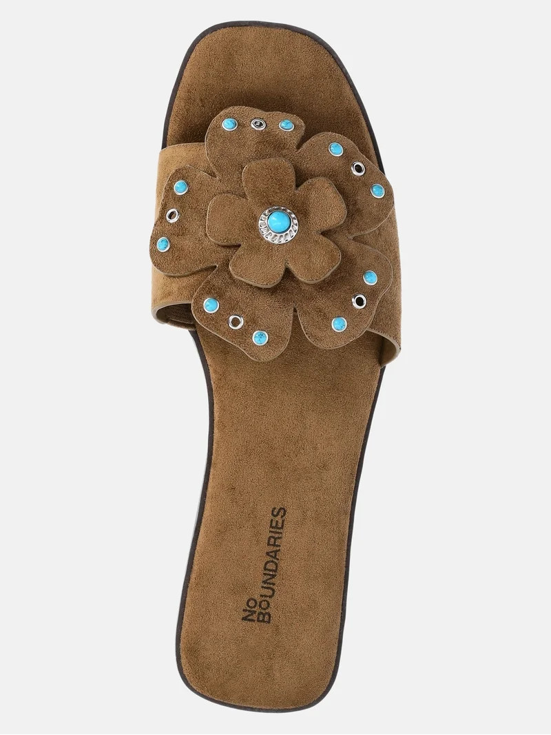 No Boundaries Studded Faux Suede Flower Slide Sandals, Women's | Walmart (US)