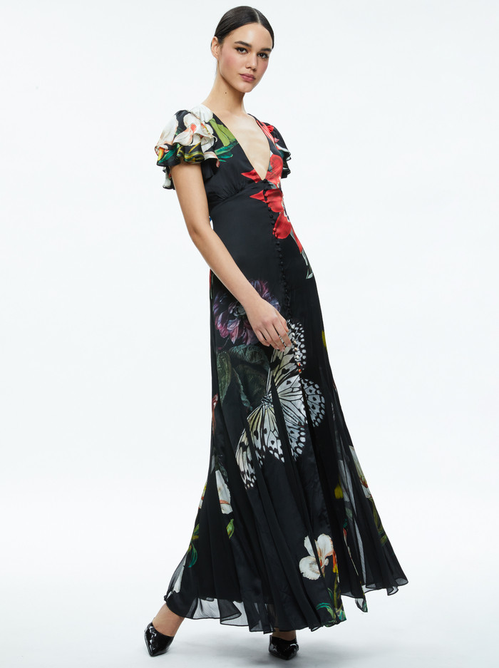 FARA DEEP V-NECK FLUTTER SLEEVE MAXI DRESS | Alice + Olivia