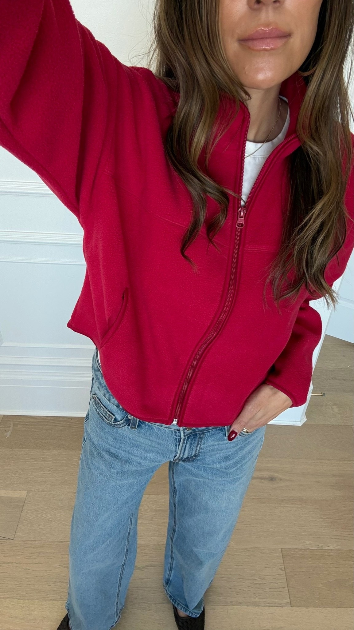 Casual fall outfit!  All affordable piece under $50 from @Walmart  🤩 love this red Sherpa zip up!  Wearing size medium in jacket 

Fall outfit, fall fashion, Walmart fashion, wide leg jeans, red hoodie, school drop off outfit

#LTKootd #LTKSeasonal #LTKOver40