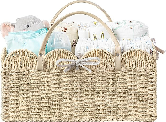 HBlife Large Baby Diaper Caddy, Paper Rope Storage Baskets Nursery Bin with Removable Divider, Po... | Amazon (US)
