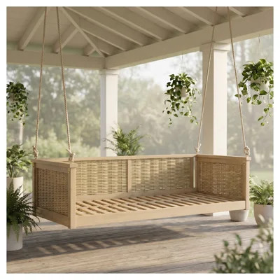 TOPMAX Outdoor Acacia Wood Twin Size Swing Bed with Rattan Accents, Light Teak Finish | Wayfair North America