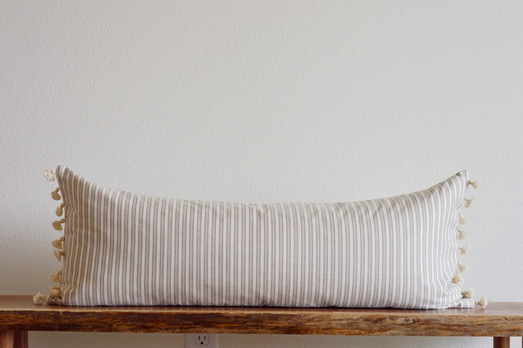 Beige Cream Modern Stripe Fringe Accent Oversized Lumbar - Etsy | Etsy (US)