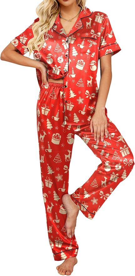 Ekouaer Silk Satin Pajamas Set Women Two-Piece Nightwear Short Sleeve Sleepwear Soft Button Down ... | Amazon (US)