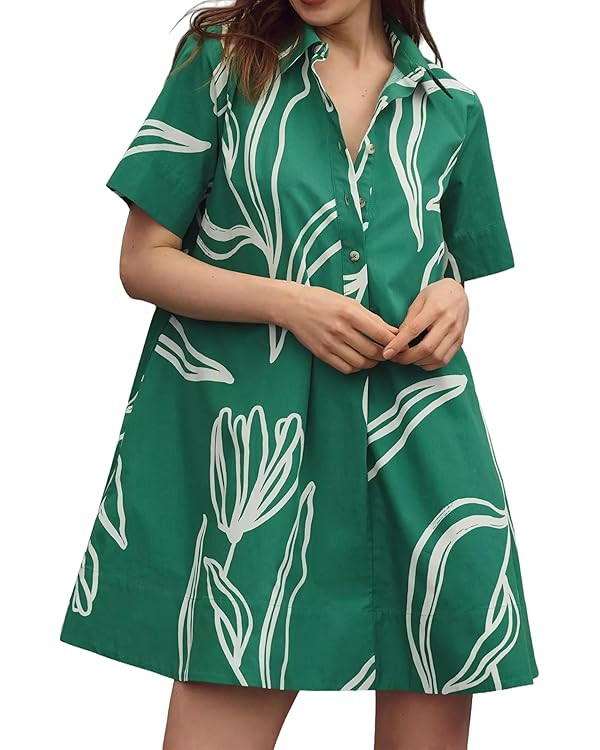 Women's Short Sleeve Swing Tunic Mini Dress Button Up Blouse Shirt Summer Loose Casual Flowy A Li... | Amazon (US)