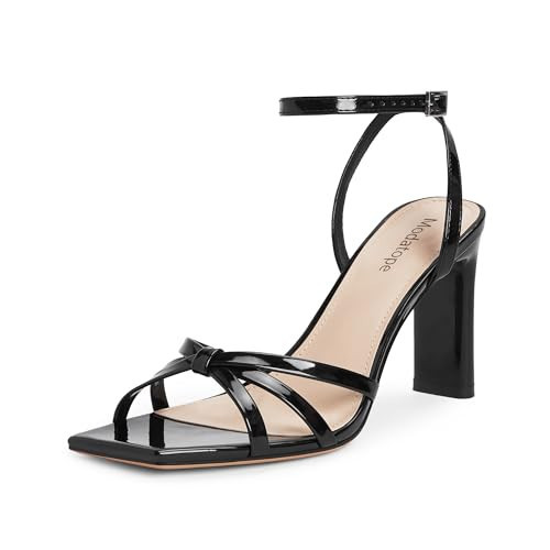 Modatope Black Strappy Heels for Women Square Open Toe Chunky Heels Strappy Black Womens Sandals Size 8 | Amazon (US)