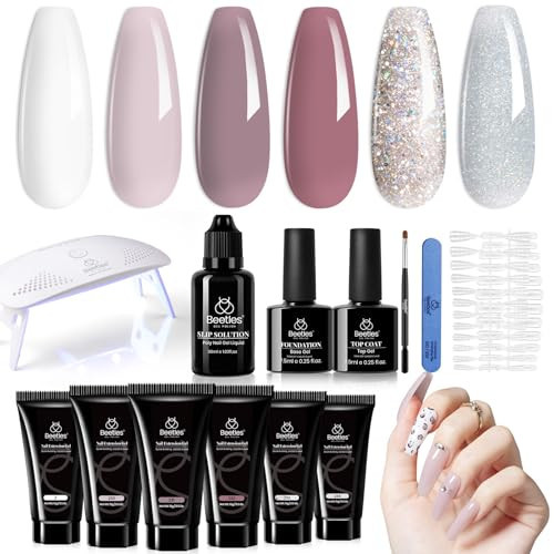 Beetles Poly Nail Gel Kit, 6 Colors Soak Off UV Lamp Extension Gel Nail Polish Set with Base Gel Glossy & Matte Top Coat for All In One Kit Builder Nail Gel Fall Winter French Nails Home DIY Manicure | Amazon (US)