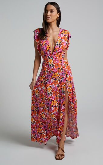 Dyliah Midi Dress - Thigh Split Frill Shoulder Plunge Neck Dress in Spring Floral | Showpo (US, UK & Europe)