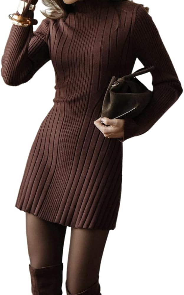 Women's Ribbed Knit Mock Neck Slim Fit Sweater Dress Fall Trendy Elegant Long Sleeve Knit Cocktai... | Amazon (US)
