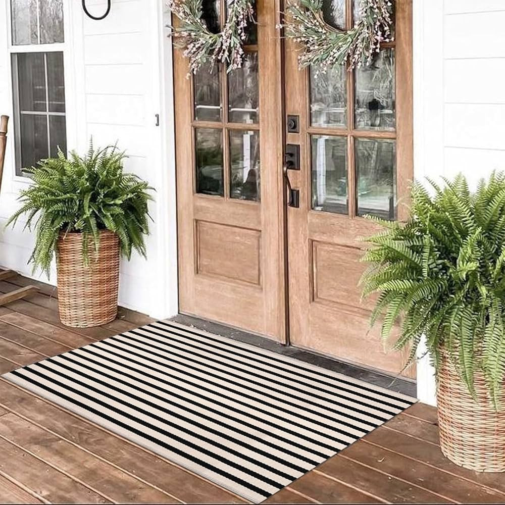 Black and White Striped Rugs, 28x43 Inches Outdoor Front Porch Doormat Cotton Hand-Woven Farmhous... | Amazon (US)
