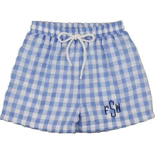 Blue Check Seersucker Swim Trunks | Cecil and Lou