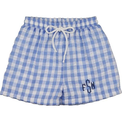 Blue Check Seersucker Swim Trunks: Shipping Late May | Cecil and Lou