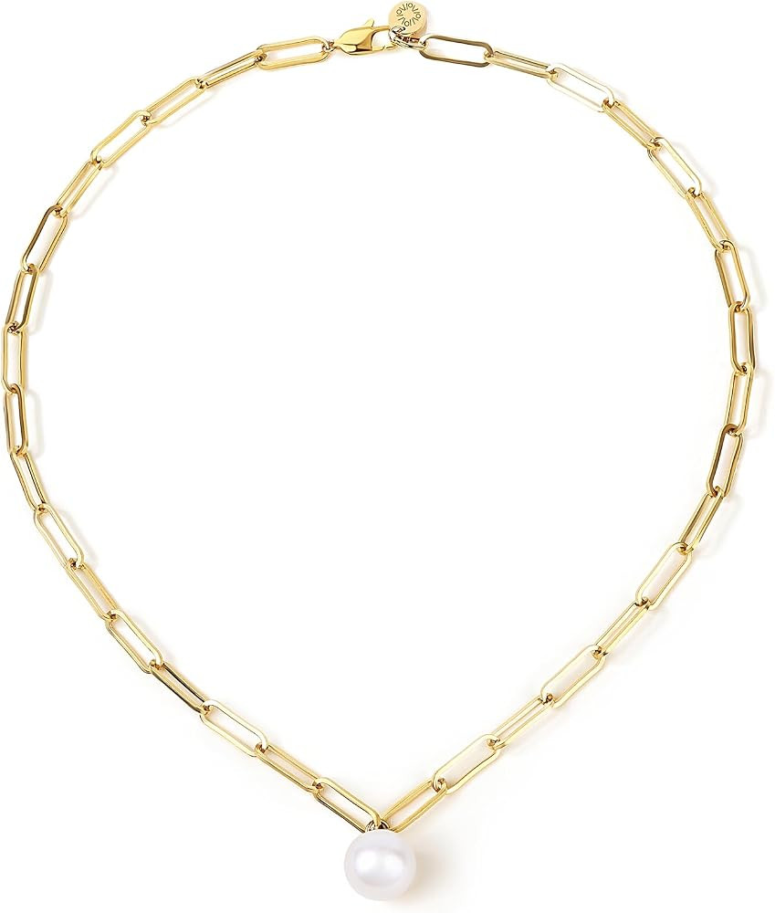 Large Pearl Paperclip Chain Necklace for Women, 12-13mm AAAA Freshwater Pearl | Amazon (US)