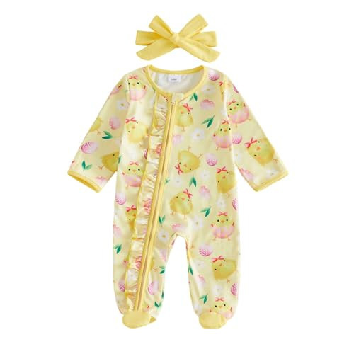 Kuriozud Newborn Easter Outfit Baby Girl Egg Footie Romper Sleeper with Headband Cute Infant Clothes (Egg Chick Yellow, 3-6 Months) | Amazon (US)