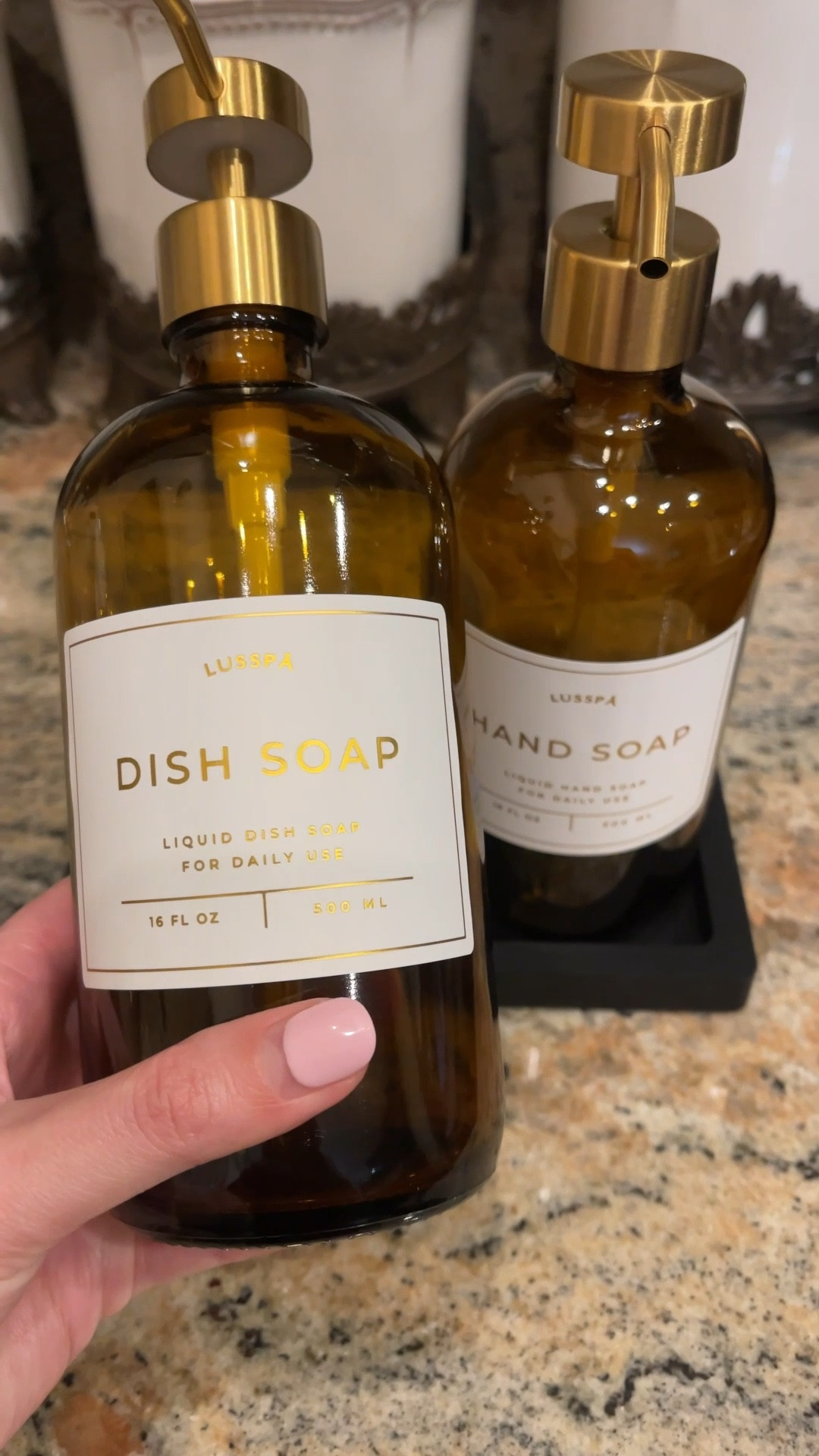 I love this dispenser set. I’m going to use
them for the kitchen sink but, they come with stickers that you can use for face wash and lotion as well! Comes in different colors - I got it in the amber set with gold hardware. They have it in white, black and clear as well. Such a cute set. 

#LTKHome