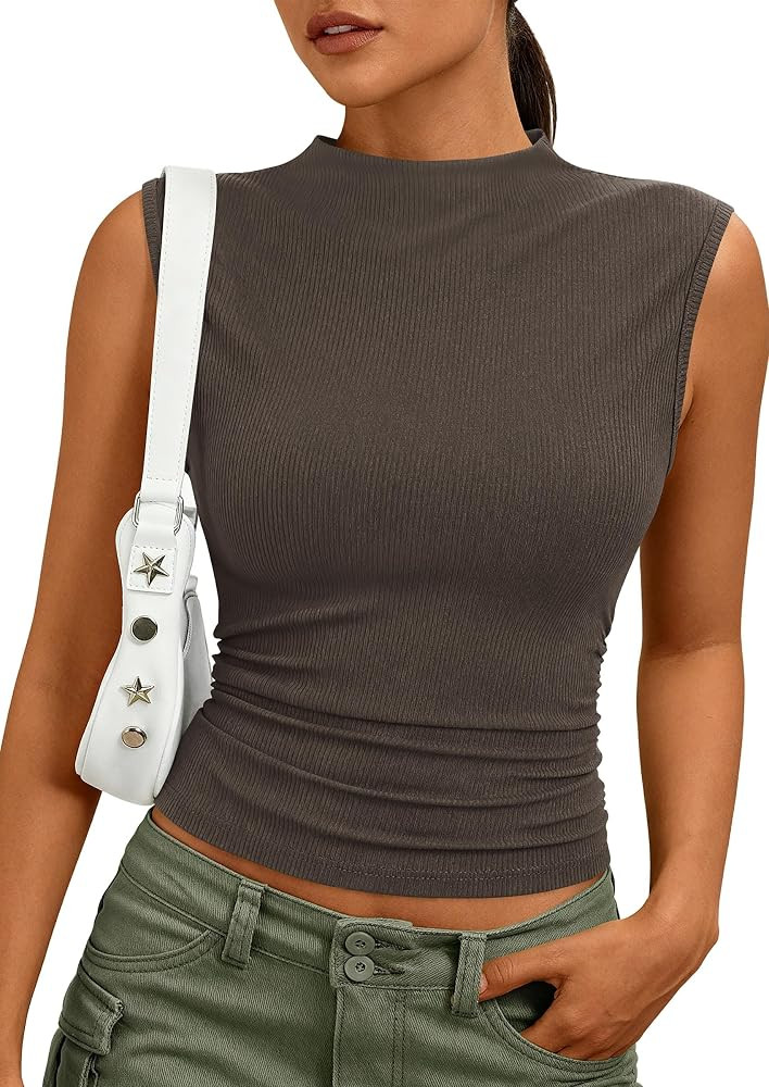 PRETTYGARDEN Sleeveless Tops for Women Ribbed Mock Neck Tank Top Slim Fitted Ruched Basic Layerin... | Amazon (US)