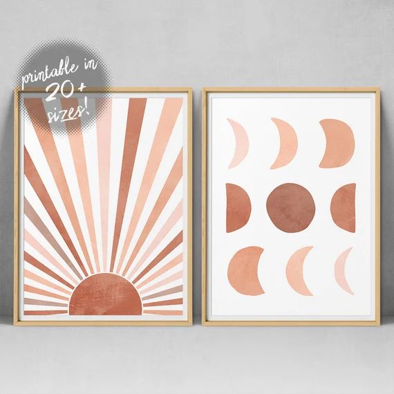 Sun And Moon Print Set Of 2, Boho Decor, Midcentury Modern Wall Art, Boho Prints, Bedroom Decor S... | Etsy (US)