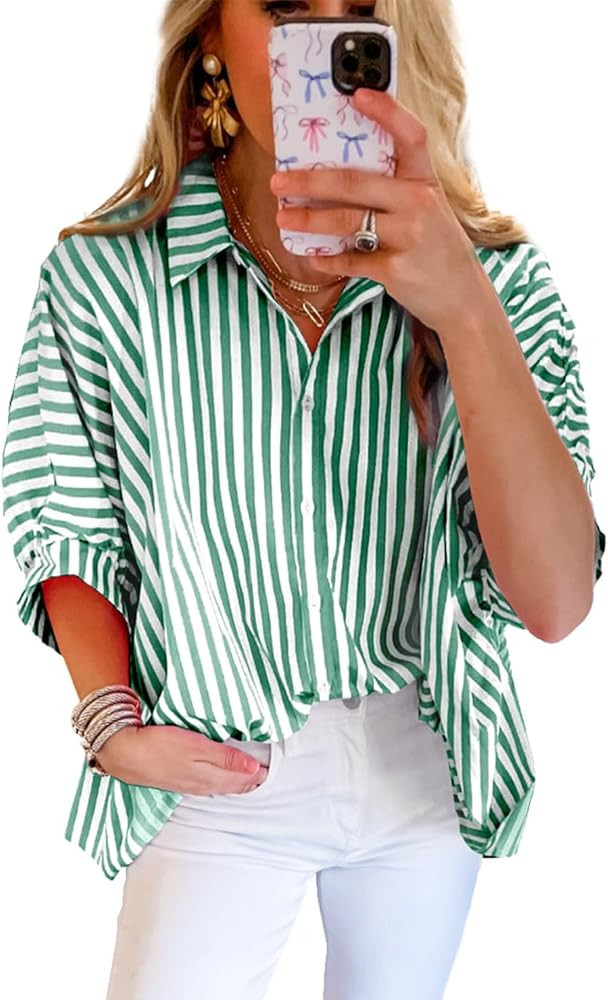 Women 2025 Summer Stripe Dolman Sleeve V Neck Oversize Shirt Tops Casual Button Up Short Sleeve S... | Amazon (US)