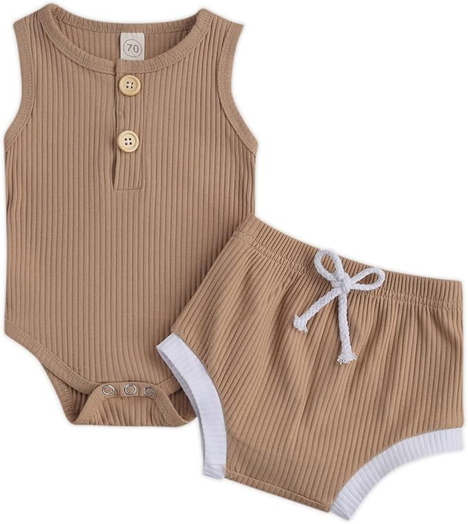 Newborn Baby Boy Girl Summer Clothes Ribbed Sleeveless Bodysuits Rompers Tops+Shorts Pants 2PCS O... | Amazon (US)