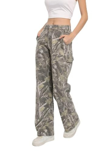 PinkyMoor Women Camouflage Cargo Pants Camo Pants Stretchy Wide Leg Trousers Jeans, Travel Y2K Streetwear Baggy Pants with 5 Pockets(S) | Amazon (US)