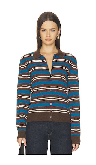 Lyvia Long Sleeve Merino Polo Cardigan in Tealwood Stripe | Revolve Clothing (Global)