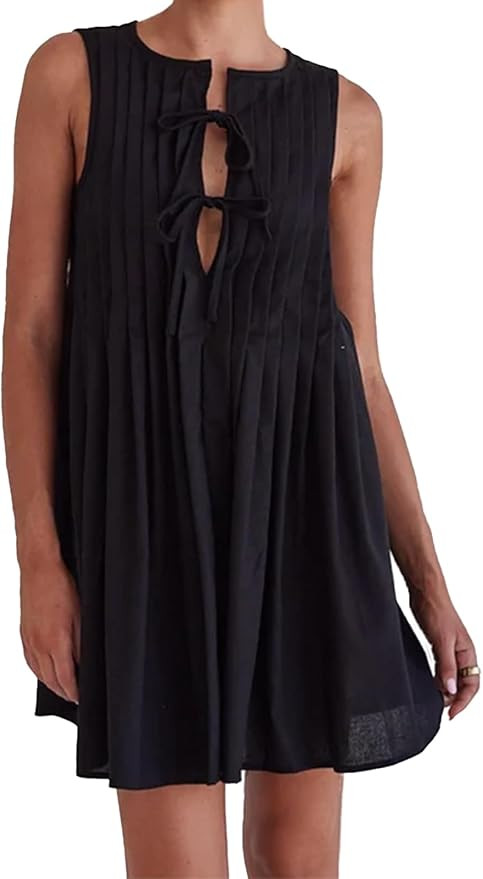 Womens Summer Sleeveless Pleated Dress Tie Front Loose Casual Short Sun Dresses | Amazon (US)