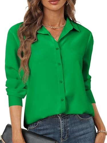 hearain Green Button Down Shirt Women Long Sleeve V Neck Chiffon Dress Shirts Work Office Blouse Collared Sexy Trendy Outfits DarkGreen Dark Deep Green Size M | Amazon (US)