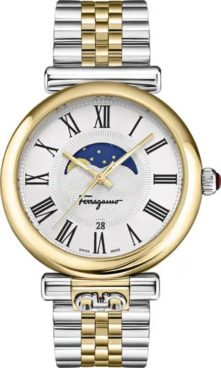 FERRAGAMO Ora Moonphase Two-Tone Bracelet Watch, 40mm | Nordstromrack | Nordstrom Rack