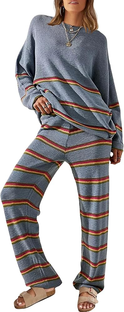 SCUSTY Women 2 Piece Outfits Oversized Fall Striped Sweaters Sets Loungewear Cozy Knit Long Sleev... | Amazon (US)