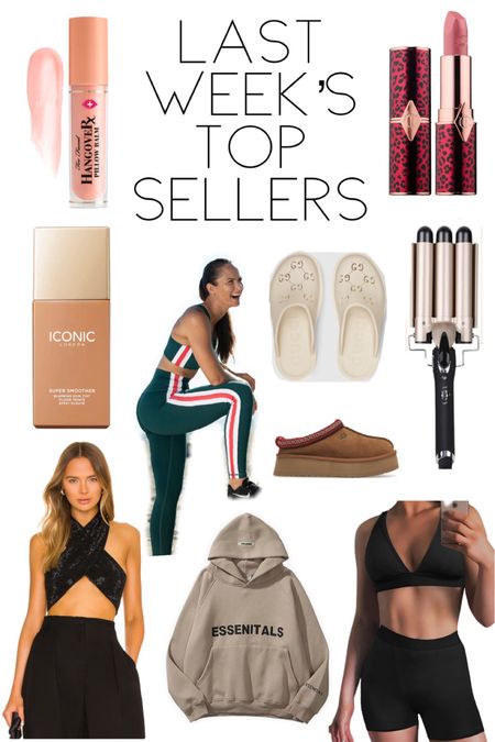 Last Week’s Top Sellers 
February 2023 
-
1. Charlotte Tilbury Lipstick - Dance Floor Princess 
2. Three Barrel Hair Waver 
3. Gucci Look-a-like Clogs 
4. Tazz Ugg Slippers 
5. Amazon lounge set 
6. Essentials Amazon Hoodie 
7. Kiki Cross Top 
8. Iconic London Blurring Skin Tint
9. Too Faced Hangover Pillow Balm
10. Racing Stripe workout set - on sale!! 

 

#LTKshoecrush #LTKfit #LTKbeauty