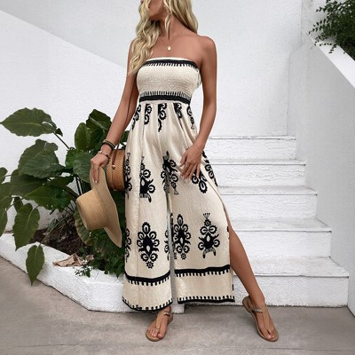 Women's Smocked Split Wide Leg Strapless Jumpsuit Summer Casual Print Vacation Boho Outfit Sleeveless Soft romper Apricot L | Target