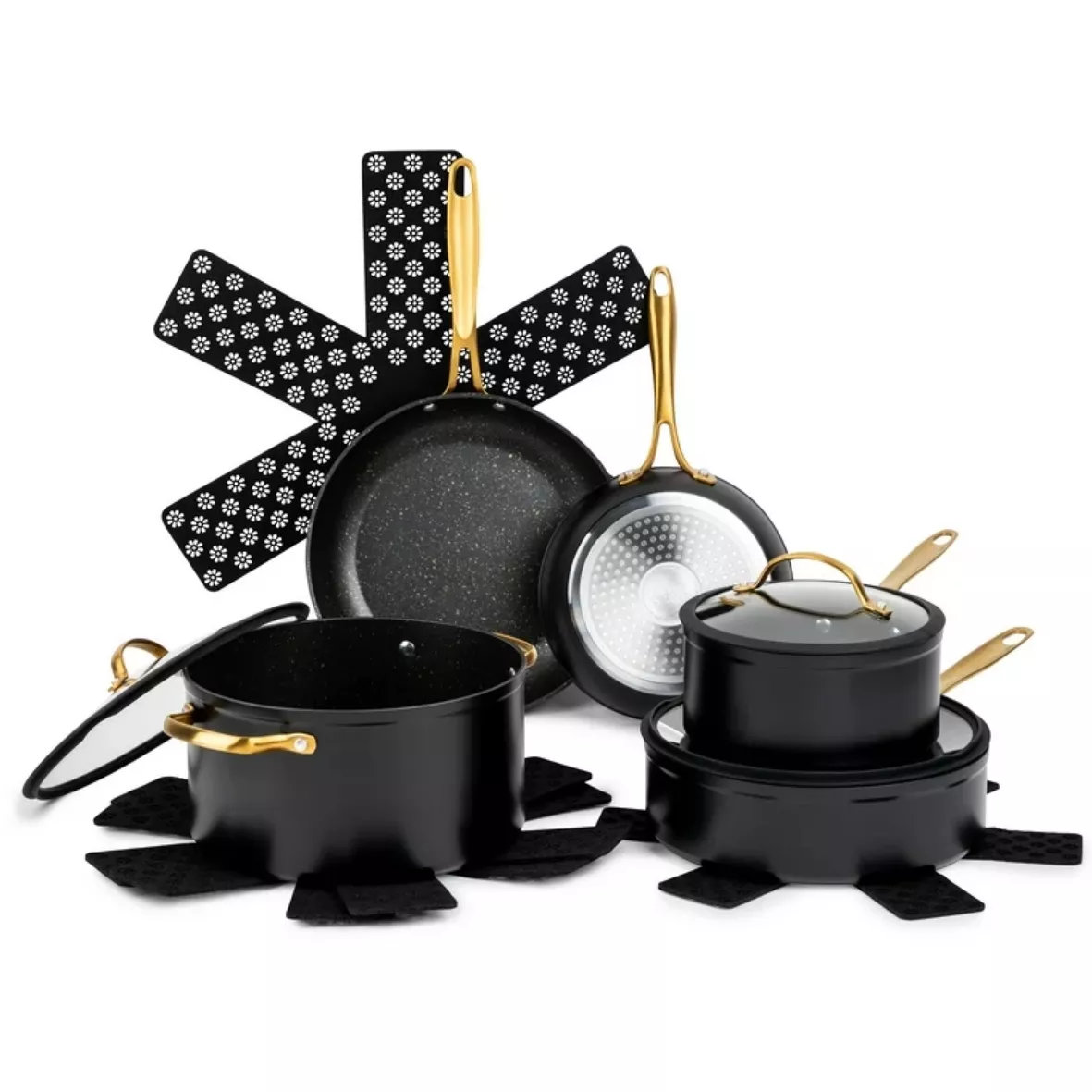 Mainstays 10-Piece Nonstick Cookware Set, Matte Black Rose Gold Handles 