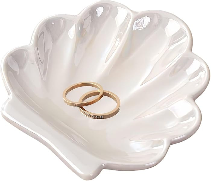 Shell Ceramic Trinket Dish, Cute Ring Earrings Holder Jewelry Tray, Organizer Plate Home Decorati... | Amazon (US)