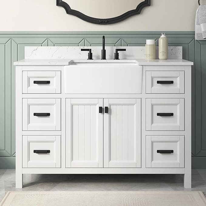 48 Inch White Bathroom Vanity with Sink, Farmhouse Bathroom Vanities Cabinet with Soft Closing Do... | Amazon (US)