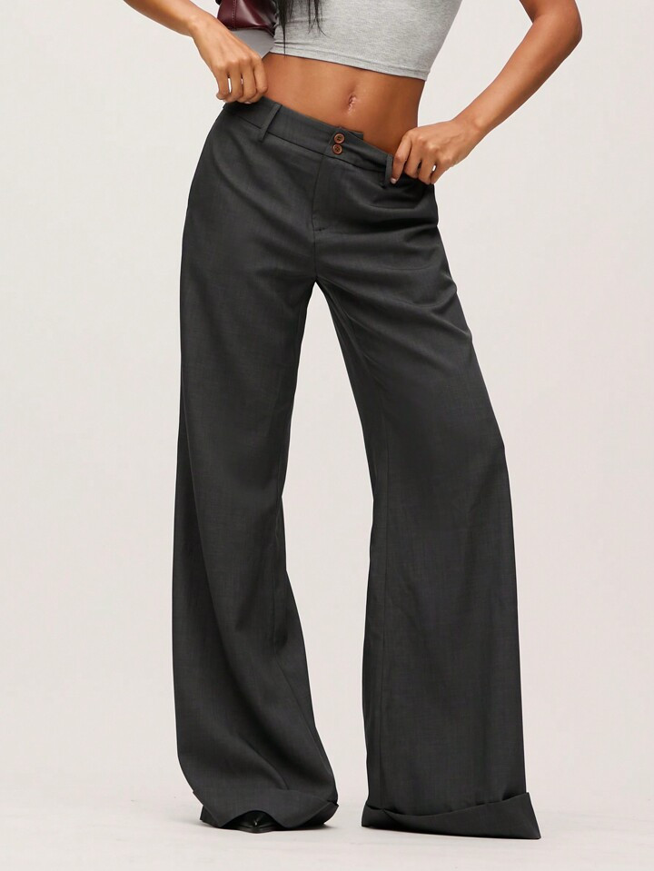SHEIN BASICS Casual Solid Color Woven Low-Waist Wide-Leg Women's Long Pants | SHEIN USA | SHEIN