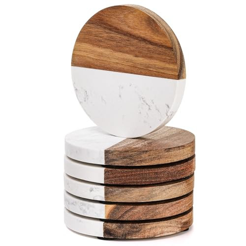 ZENFUN 6 Packs Marble Wood Coasters, Round Coaster, Handcrafted Artificial Marble Coasters Set for Your Drinks and Beverages, Tea, Coffee, Wine/Bar Glasses, Tabletop Protection Helper | Amazon (US)