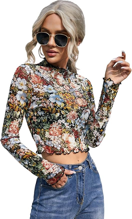 Floerns Women's Long Sleeve See Though Sheer Mesh Crop Tee Tops | Amazon (US)