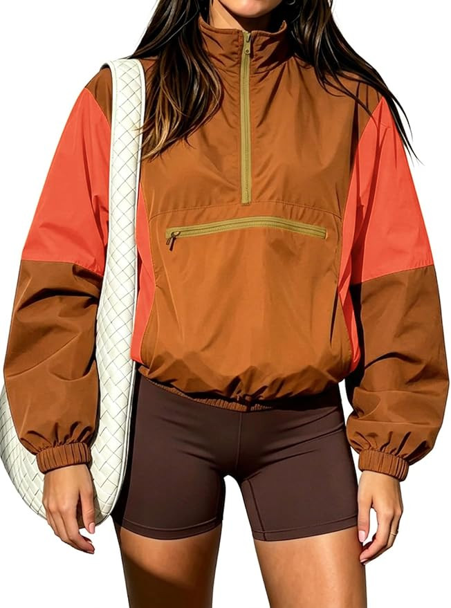 Fisoew Womens Windbreaker Jackets Quarter Zip Lightweight Fall Pullover Top | Amazon (US)