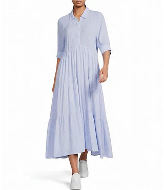 Pinstripe Print Button Point Collar 3/4 Blouson Cuff Sleeve Tiered Waistless Midi Shirt Dress | Dillard's