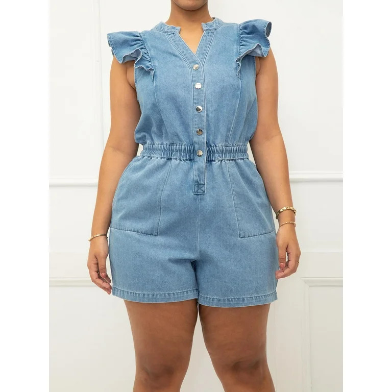 Eloquii Elements Women's Chambray Flutter Sleeve Romper | Walmart (US)