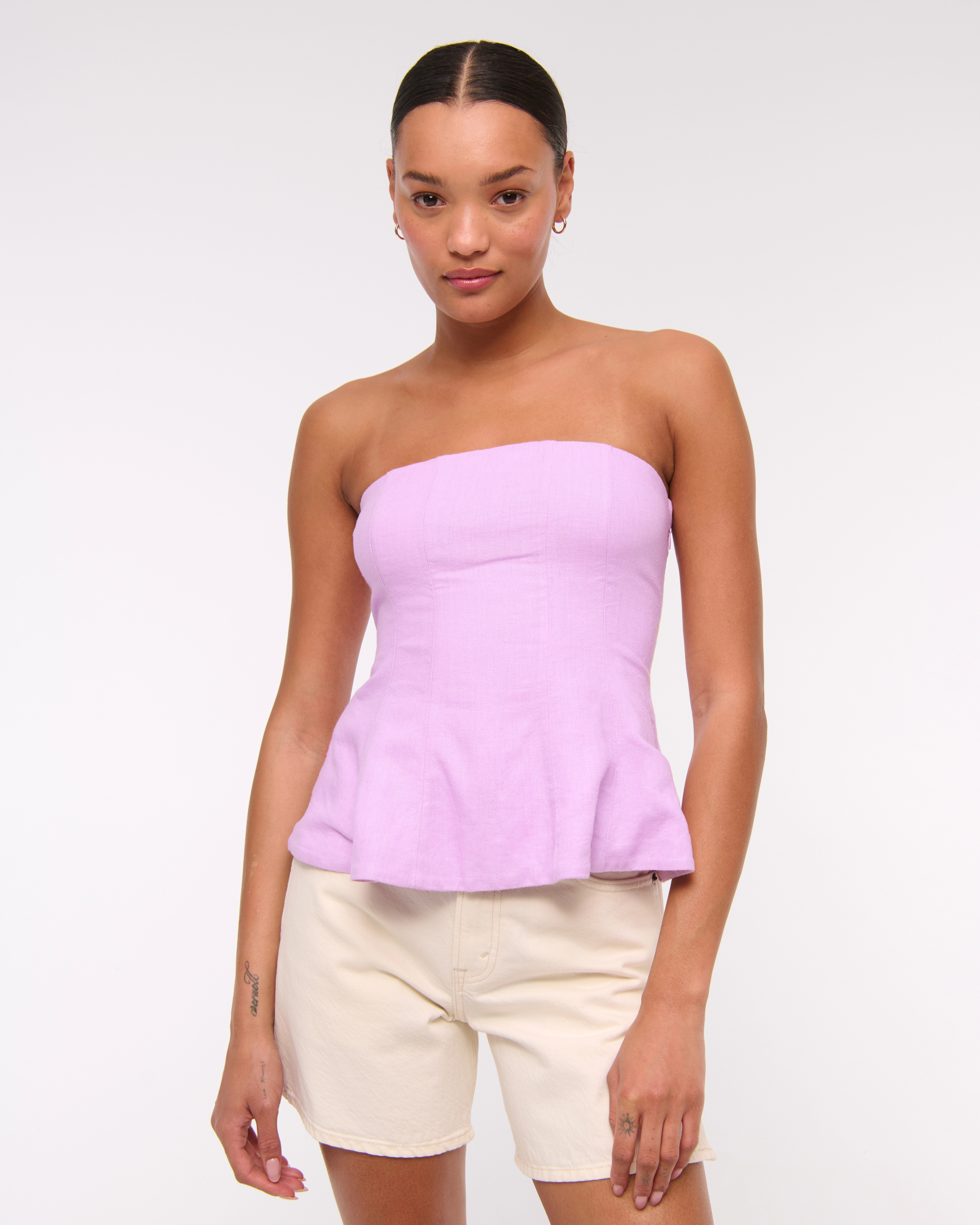Linen-Blend Strapless Peplum Top | Abercrombie & Fitch (US)