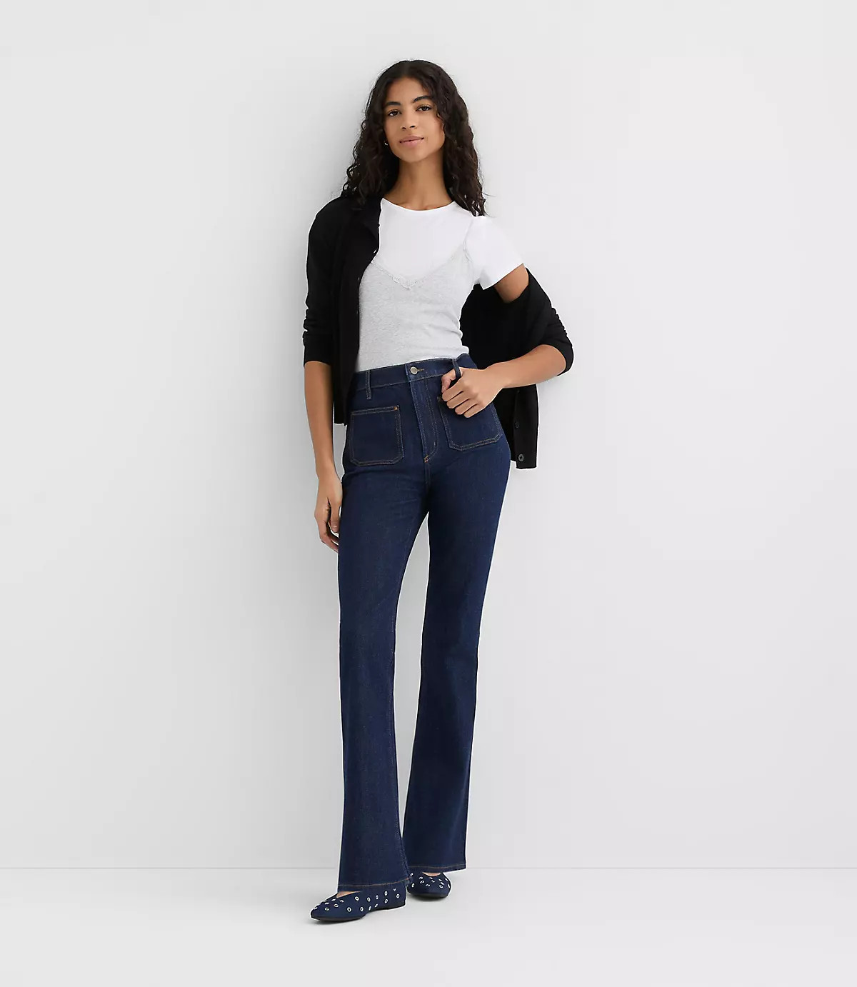 Rivete Patch Pocket High Rise Slim Flare Jeans in Classic Rinse Wash | LOFT