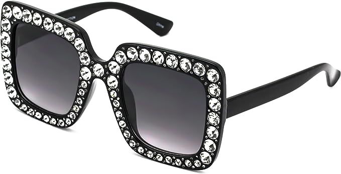 FLAWLESS Oversized Square Frame Bling Rhinestone Crystal Design Sunglasses For Women | Amazon (US)