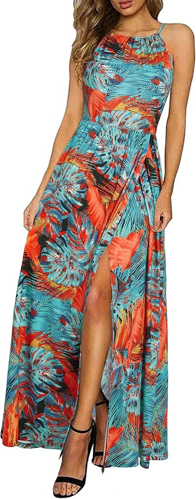 KILIG Women 2024 Summer Maxi Dress Casual Floral Halter Neck Beach Hawaiian Outfits Wedding Guest... | Amazon (US)