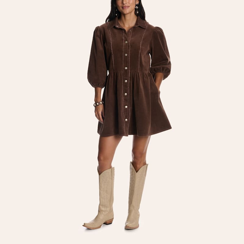 Rockin' C Women's Brown Corduroy Puff Sleeve Mini Shirt Dress | Cavender's