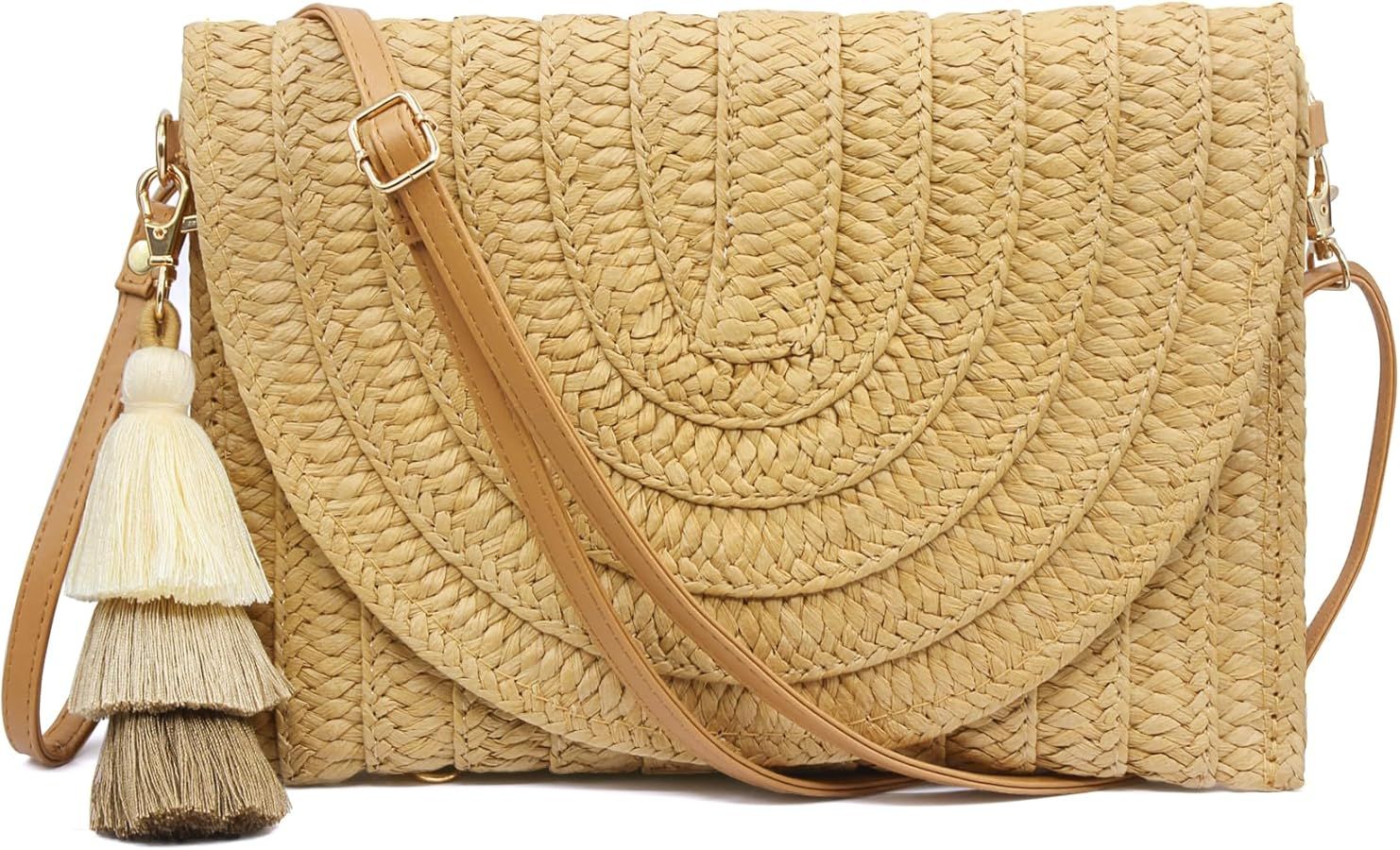 Straw Clutch Purse Women Crossbody Bag Summer Beach Shoulder Bags Envelope Wallet Handbags | Amazon (US)