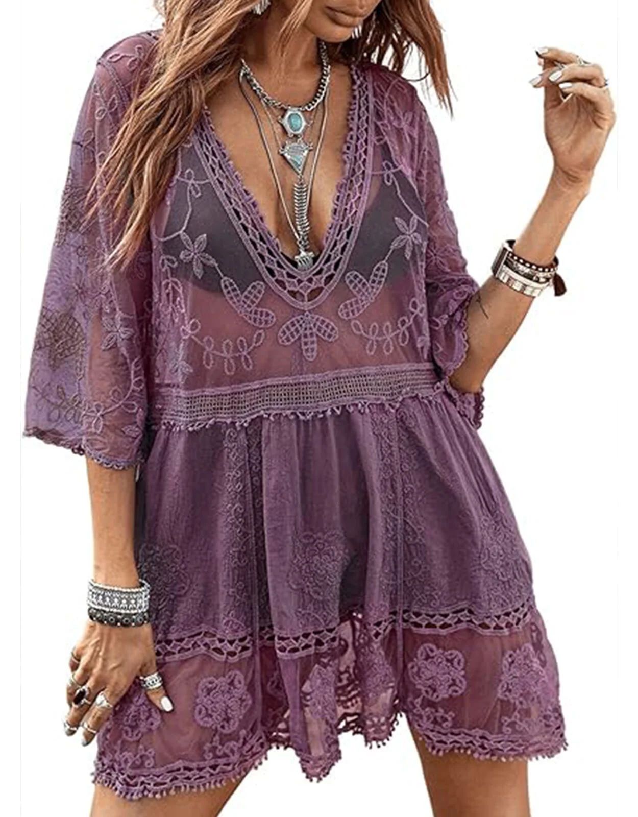 Swimsuit Coverup for Women Lace Stitching Bathing Suit Cover Ups Plus Size Beach Coverup Alsol La... | Walmart (US)