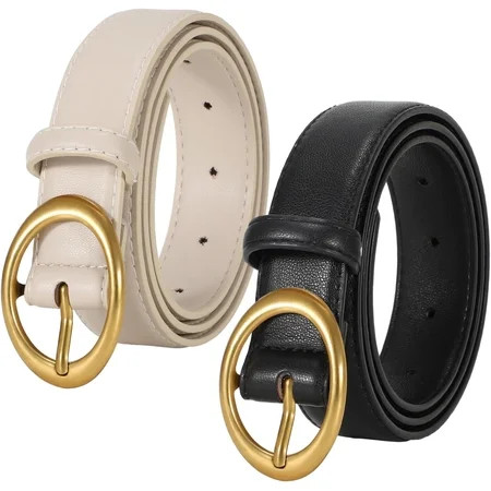 2 Pack Women Leather Belt for Jeans Pants Fashion Design Belt with Oval Gold Buckle | Walmart (US)
