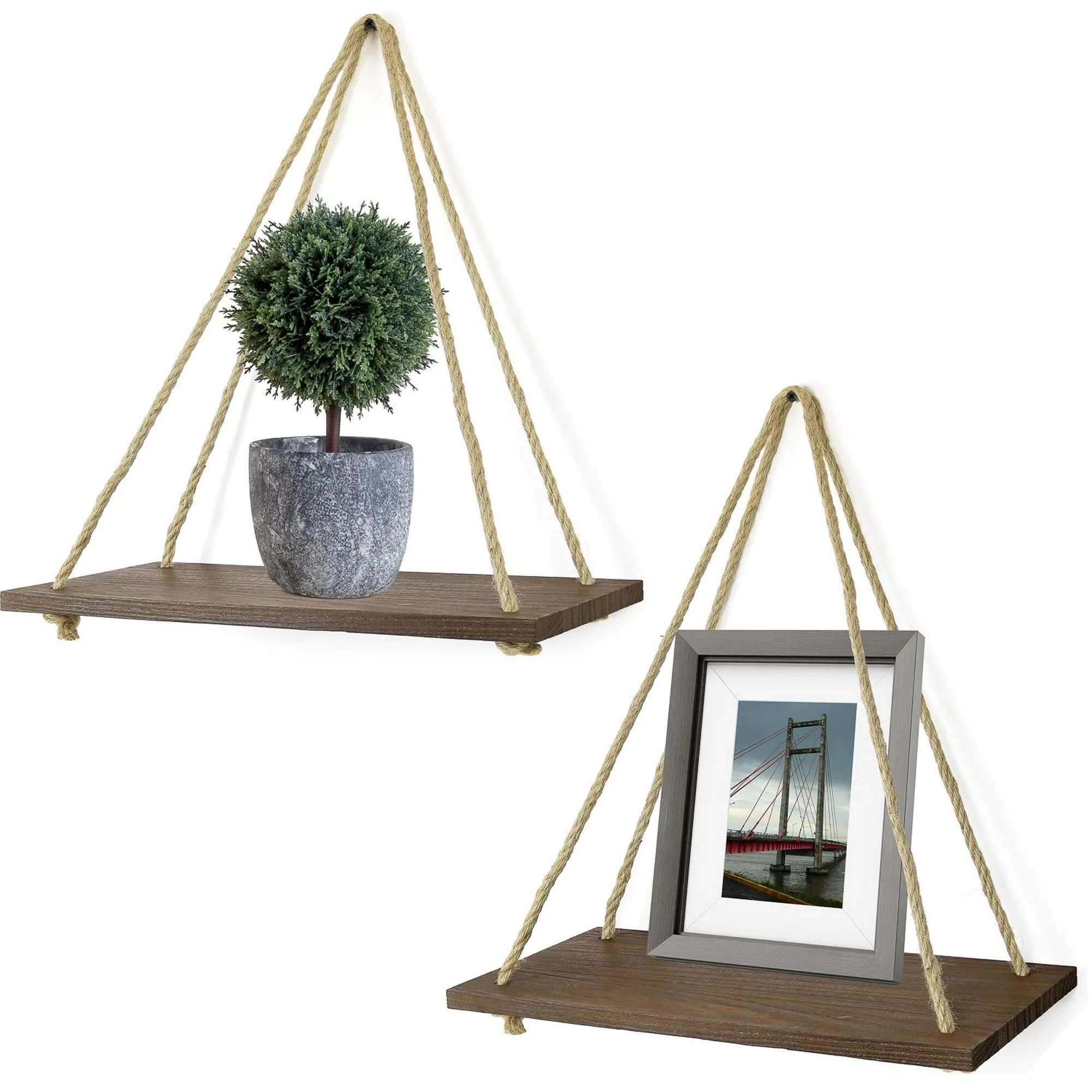 Greenco Decorative Rustic Wall Hanging Jute Rope Floating Shelves 17" Inch - Set of 2 | Walmart (US)